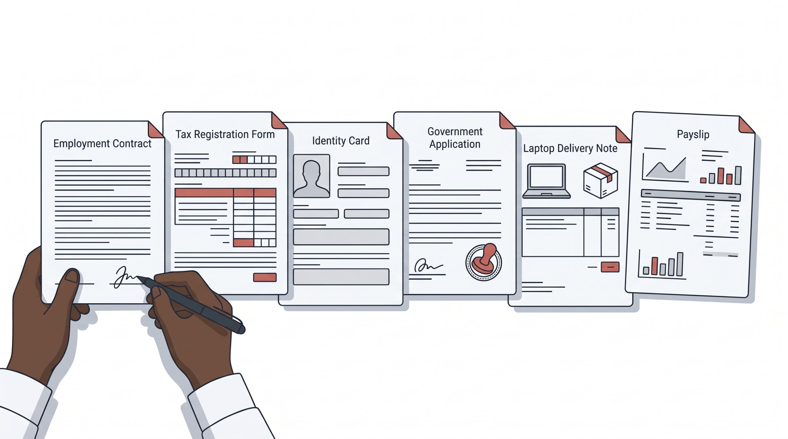 Documents produced during remote employee onboarding in Bangladesh: employment contract, tax registration form, identity card, government application, laptop delivery note and payslip
