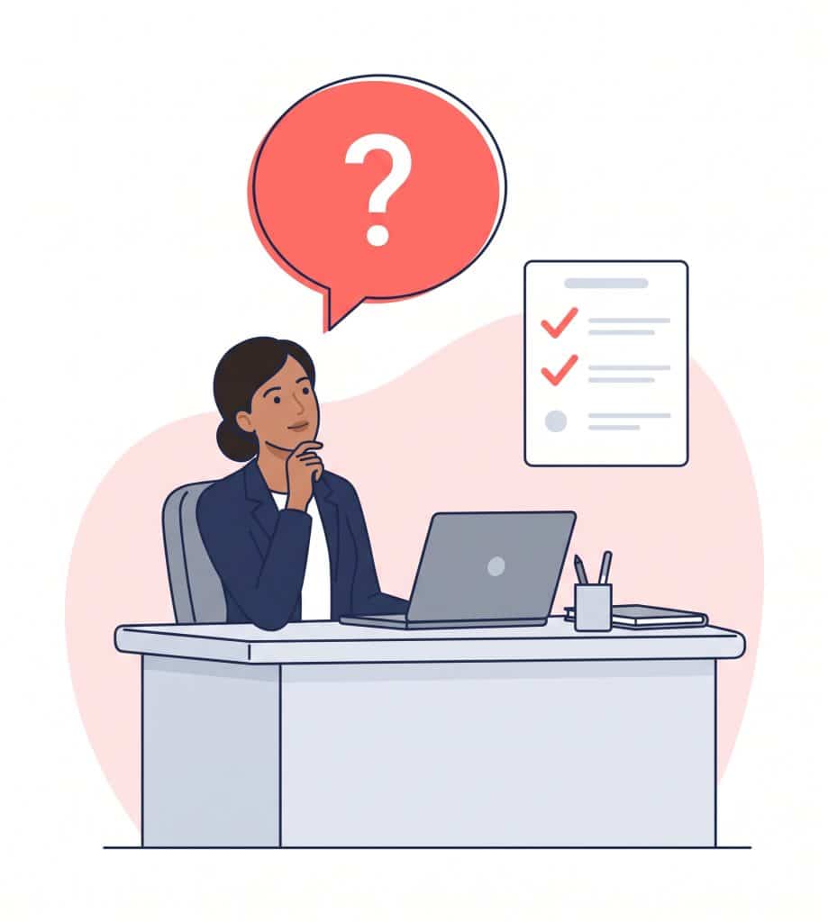 Illustration of a hiring manager at a desk thinking about a candidate background check, with a verification checklist beside her