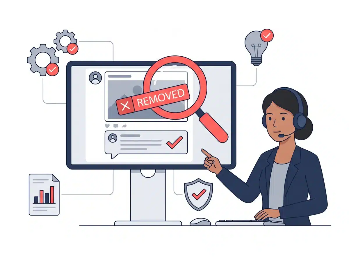 Illustration of a content monitoring reviewer with a headset removing a post flagged on screen, with reports, settings and a security shield around the monitor