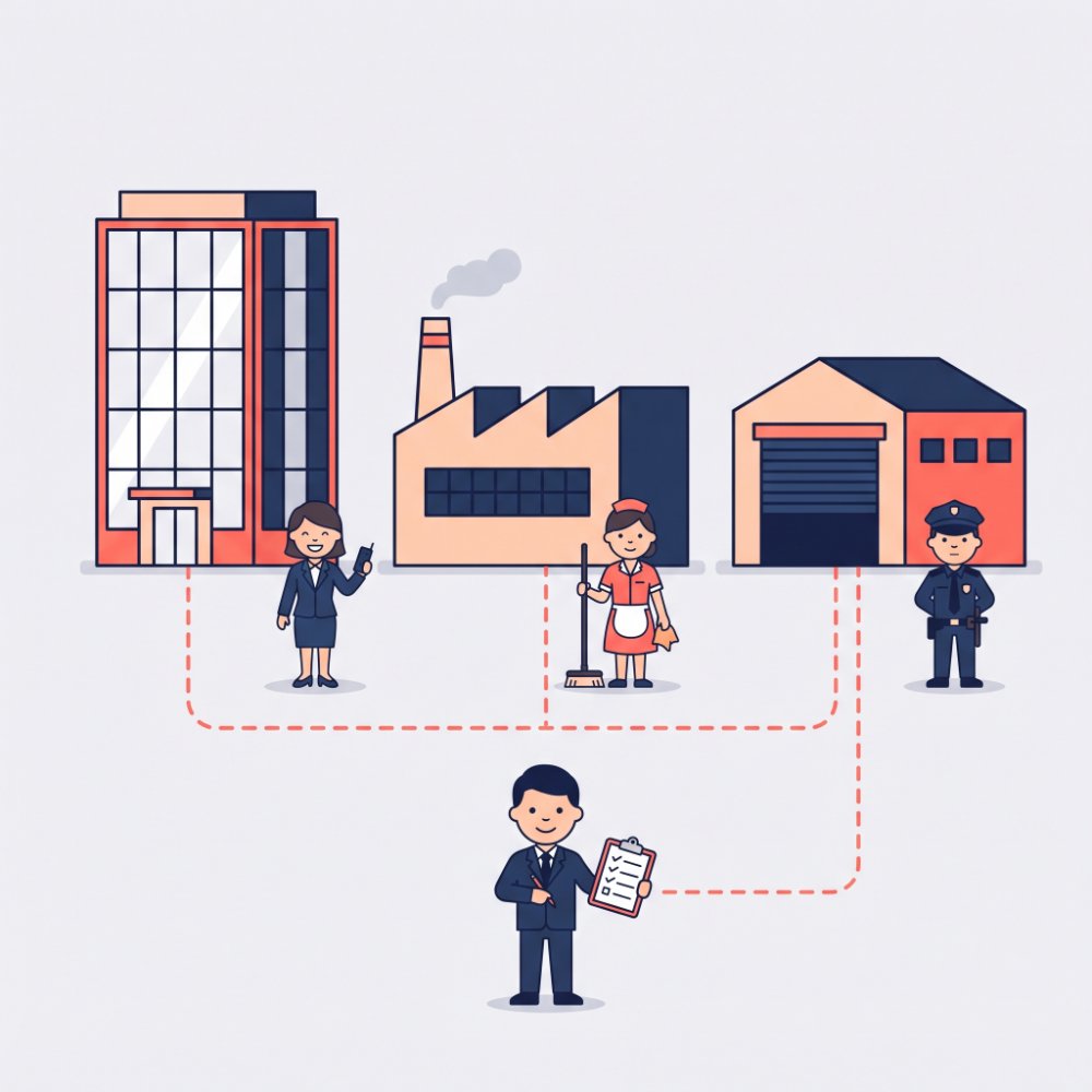 Illustration of an office tower, a factory and a warehouse, each staffed by a receptionist, a housekeeper and a security guard