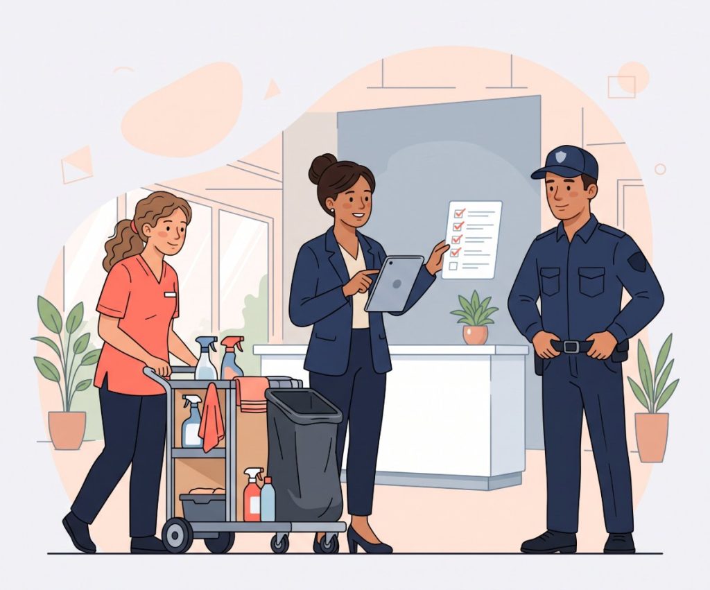 Facility supervisor checking a daily duty list with a housekeeper and a security guard in an office lobby