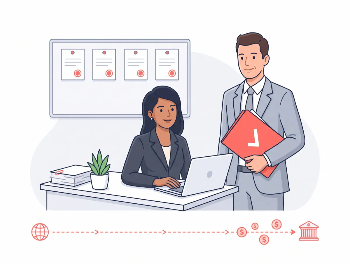 Illustration of a PayrollBangladesh compliance manager reviewing a foreign investor's compliance file in Dhaka