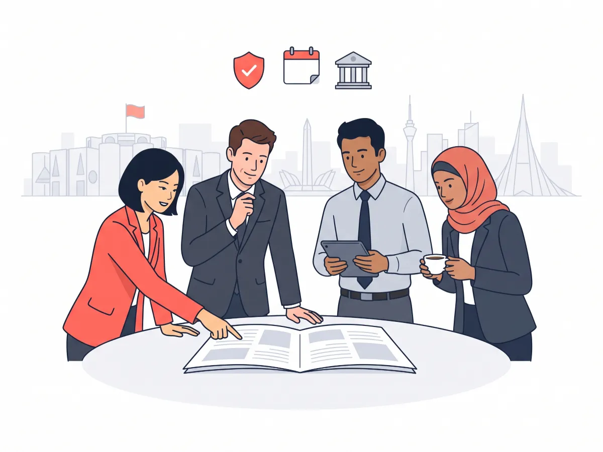 Illustration of foreign investors and a local partner reviewing an investment compliance file for their Bangladesh company
