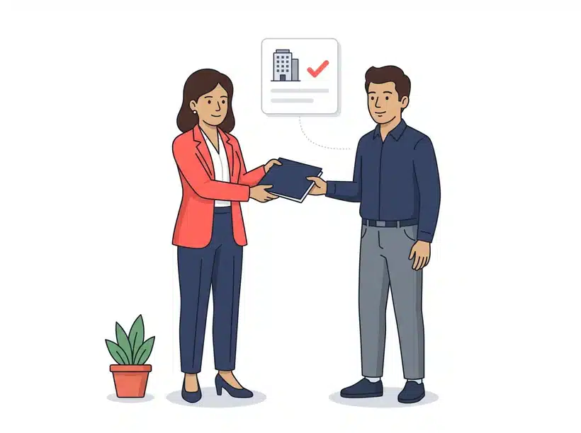Placement consultant in Bangladesh handing a signed offer to a candidate who joins the client's own company