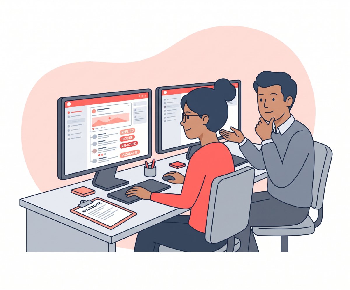 Illustration of two moderators at a desk reviewing social media comments marked replied, hidden, removed and escalated, with a rulebook beside them